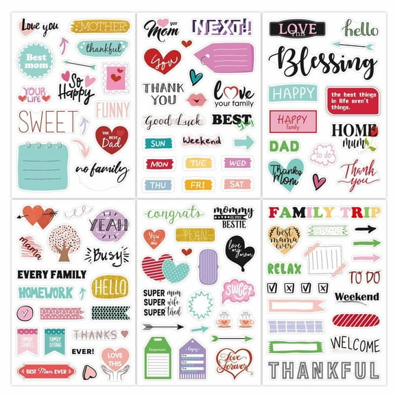 KEVCHE Family Themed Stickers 6 Pieces, Scrapbook Decoration Stickers for Notebook Memory Album, PVC Waterproof Vinyl Stickers for Laptop Backpack Water Bottle