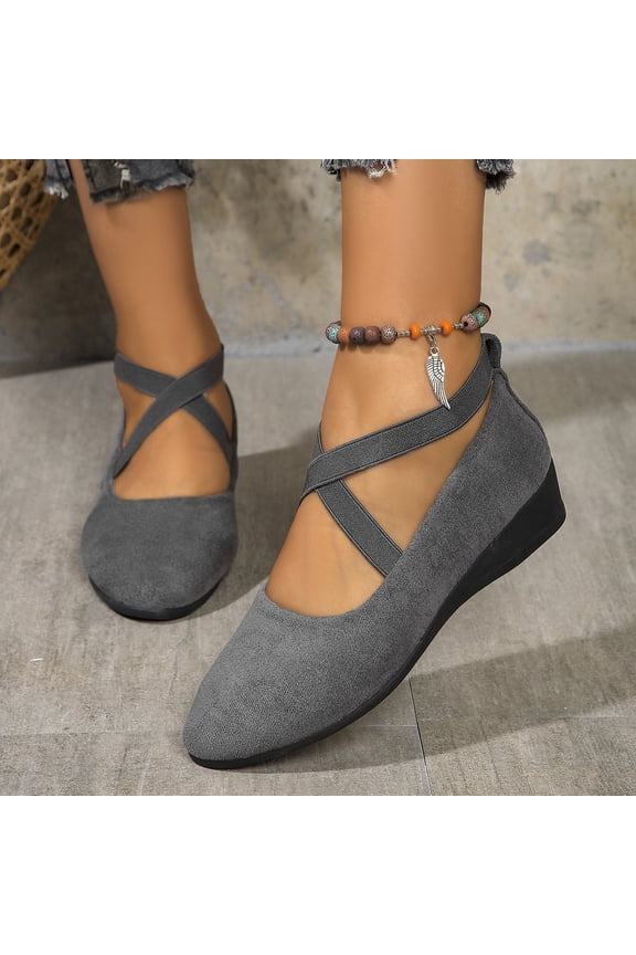 Fashion Plus Size Casual Cross Strap Loafers for Women , Dress Flats Ballet Low Wedge Round Toe Comfortable Elastic Ankle Strap Shoes