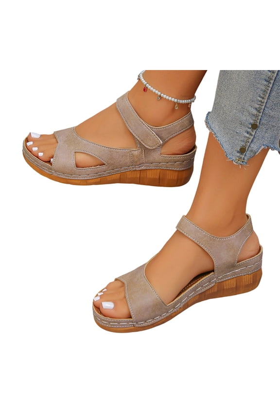 Fashion Plus Size Open Toe Hook Loop Casual Sandals for Women, Orthopedic Wide Width Wedge Sandals, Arch Support Adjustable Ankle Strap Platform Low Heels Beach Shoes