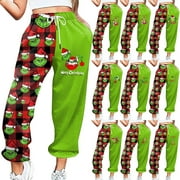 CZXFIFVY KEVCHE Grinch Clothes Christmas Pants Women's Casual Fashion Christmas Grinch Printed Casual Sweatpants Elastic Waist Drawstring Pants Grinch Christmas Sweatpants for Women