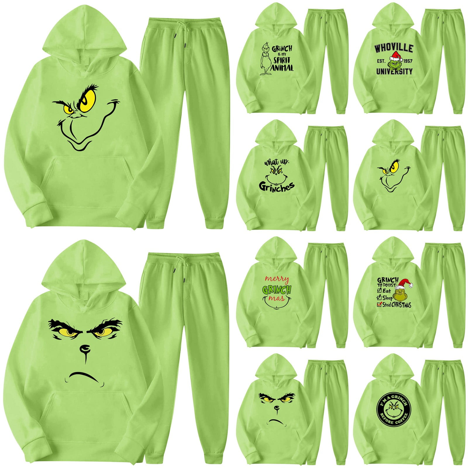 KEVCHE Grinch Costume Christmas Outfits, Grinch Print Hoodie Pants Suit ...