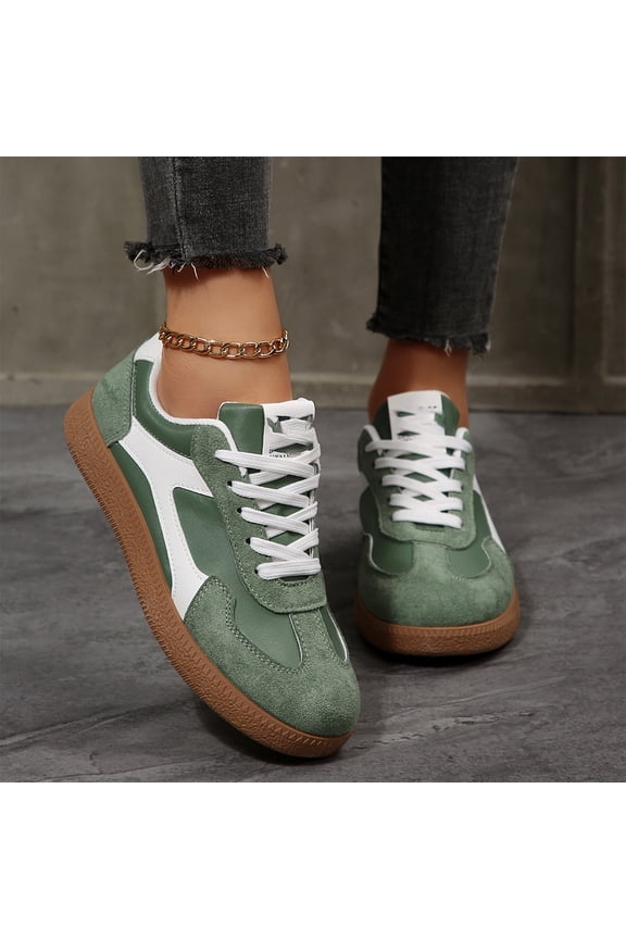 Gum Sole Sneakers For Women Classic Retro, Retro Color Block Shoes Casual Tennis Style, Leather Walking Footwear Anti Slip Comfort, Flat Skate Trainers For Daily Sport