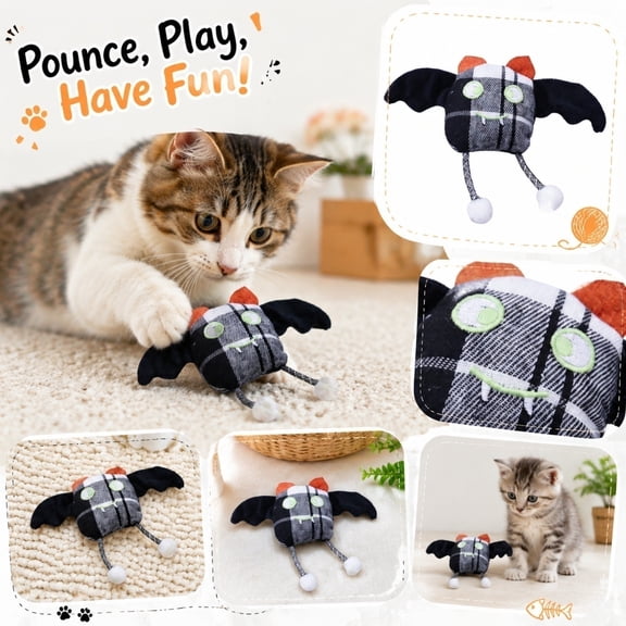 KEVCHE Halloween Bat Monster Cat Toy, Catnip Filled Plush Bat Toy for Indoor Cats, Crinkle Sound Kitten Teething Pet Toy for Halloween Gift