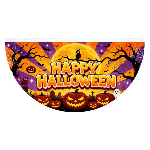 KEVCHE Halloween Fan Flag Pumpkin Ghost Porch Sign, Half Fan Banner for Outdoor Yard Garden Decor, Fade Resistant Foldable Polyester Hanging Flag for Front Door Wall Window Indoor Outdoor Party