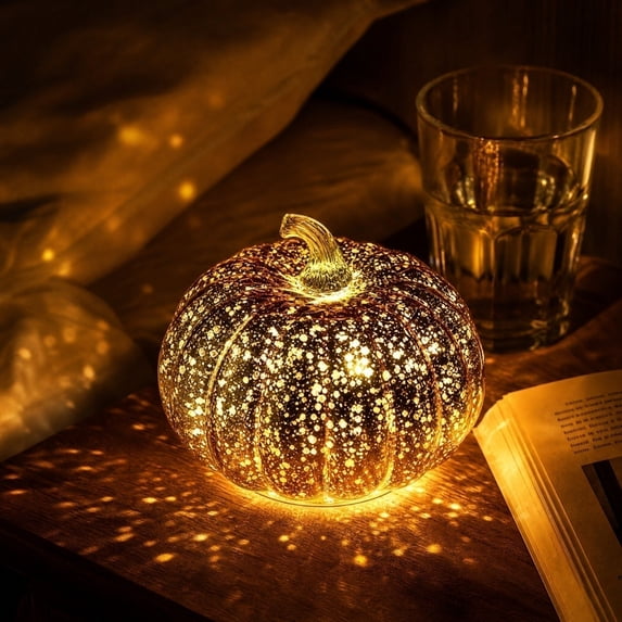 KEVCHE Halloween Glass Pumpkin Decoration with Warm LED Light,Glitter Accent Battery Operated Tabletop Lamp for Indoor Outdoor Mantel Shelf Display,Glowing Halloween Pumpkin Decoration