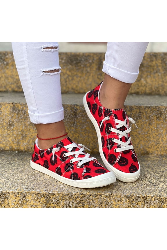 Halloween Pumpkin Sneakers for Women, Cute Slip-On Breathable Canvas Casual Shoes with Platform Sole, Lightweight Comfortable Walking Loafers, Spooky Print Flats for Fall Daily Wear