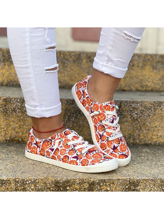 Halloween Pumpkin Sneakers for Women, Cute Slip-On Breathable Canvas Casual Shoes with Platform Sole, Lightweight Comfortable Walking Loafers, Spooky Print Flats for Fall Daily Wear