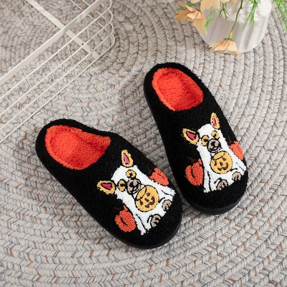 KEVCHE Halloween Winter Cotton Slippers,Cute Cartoon Dog Pattern Design with Plush Warm Lining and Soft Breathable Fabric,Non-Slip Cozy Indoor House Shoes for Women Home Gifts