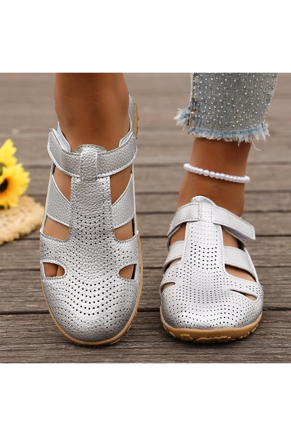 Hollow Out Casual Shoes For Women Summer Breathable, Velcro Closure Footwear Easy On Off, Breathable Summer Flats Closed Toe Design, Lightweight Non Slip Daily Walking Sneakers
