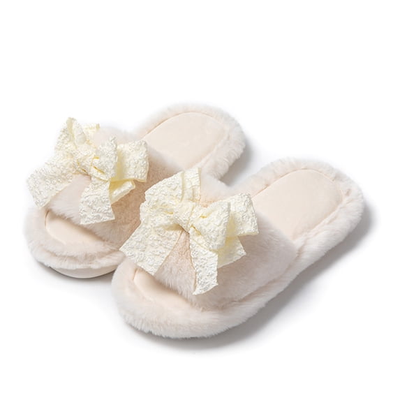 KEVCHE Plush Cute Bow Slippers for Women, Cozy Plush Indoor Outdoor House Shoes, Cute Warm Winter Home Footwear for Bedroom, Soft Thick Slippers for Everyday Comfort
