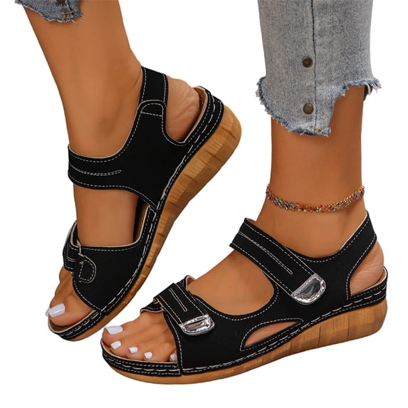 KEVCHE Slide On Sandals Women Orthopedic Platform Wedge, Peep Toe Chunky High Heel Leather Sandals, Wide Width Casual Flatform Beach Shoes for Plantar Fasciitis Comfort