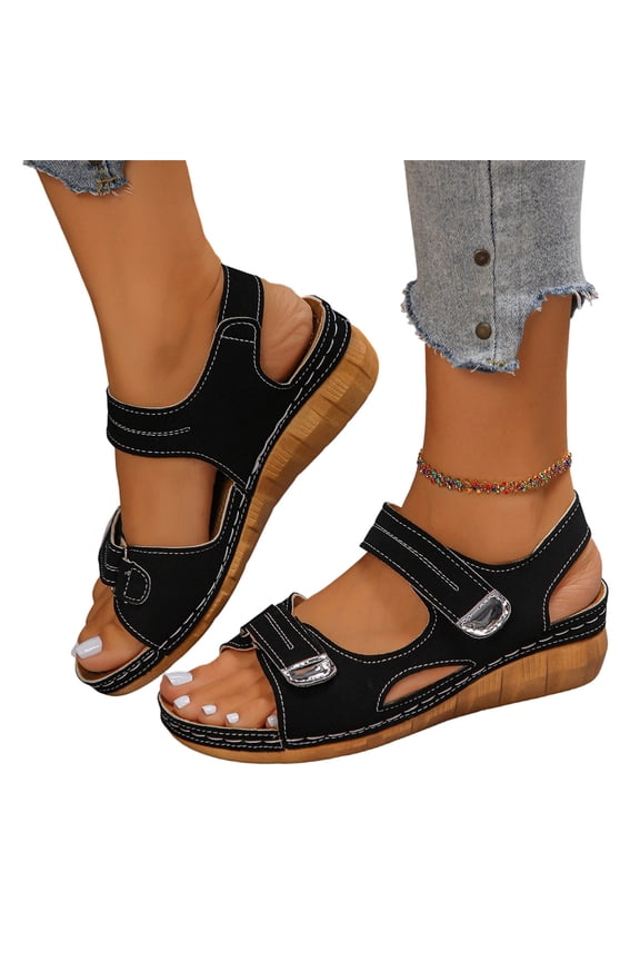 Slide On Sandals Women Orthopedic Platform Wedge, Peep Toe Chunky High Heel Leather Sandals, Wide Width Casual Flatform Beach Shoes for Plantar Fasciitis Comfort
