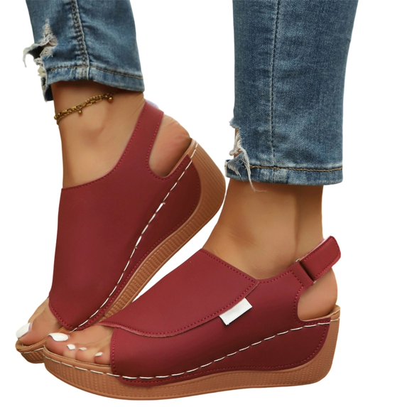 KEVCHE Strappy Wedge Sandals for Women, Dressy Summer Ankle Strap Open Toe Arch Support Sandals, Casual Comfortable Vacation Shoes, Plus Size Buttoned Peep Toe Sandals