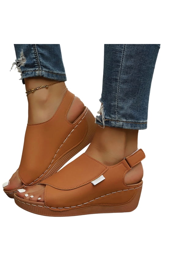 Strappy Wedge Sandals for Women, Dressy Summer Ankle Strap Open Toe Arch Support Sandals, Casual Comfortable Vacation Shoes, Plus Size Buttoned Peep Toe Sandals