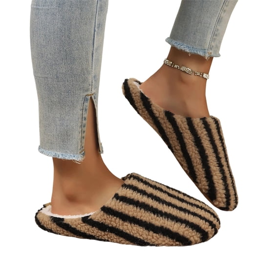 KEVCHE Stripe Fluffy Slippers for Women, Chic Fashion Casual Cute House Shoes, Comfortable Indoor Outdoor Vacation Bathroom Footwear with Soft Sole, Lightweight Non-Slip Home Slippers for Daily