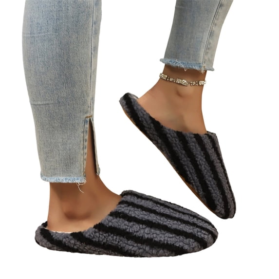 KEVCHE Stripe Fluffy Slippers for Women, Chic Fashion Casual Cute House Shoes, Comfortable Indoor Outdoor Vacation Bathroom Footwear with Soft Sole, Lightweight Non-Slip Home Slippers for Daily