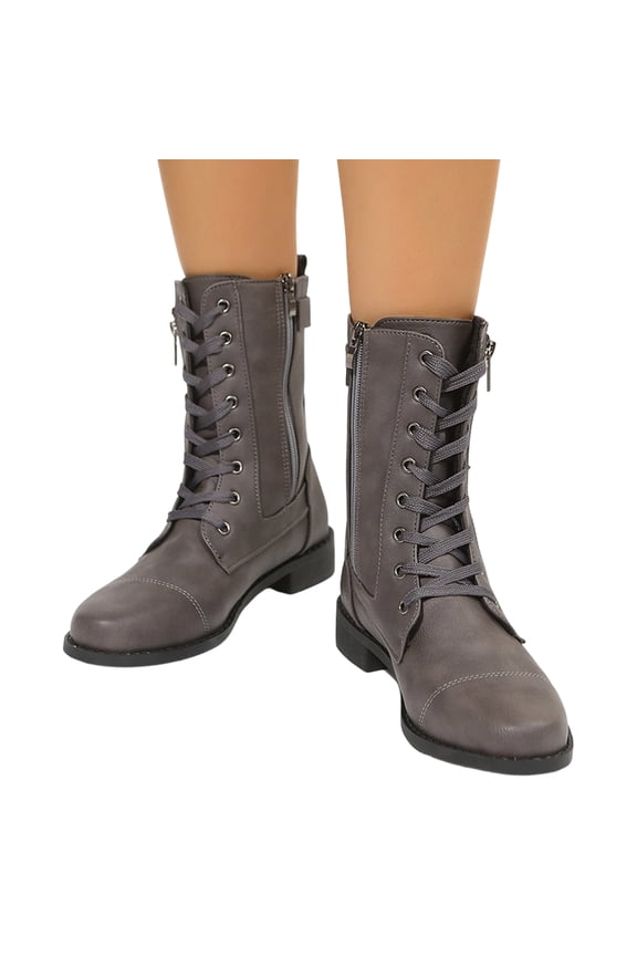 Vintage Leather Mid-Calf Boots for Women, Retro Lace-Up Combat Booties with Side Zipper and Cap Toe, ClassicStyle Boots for Casual Daily Wear