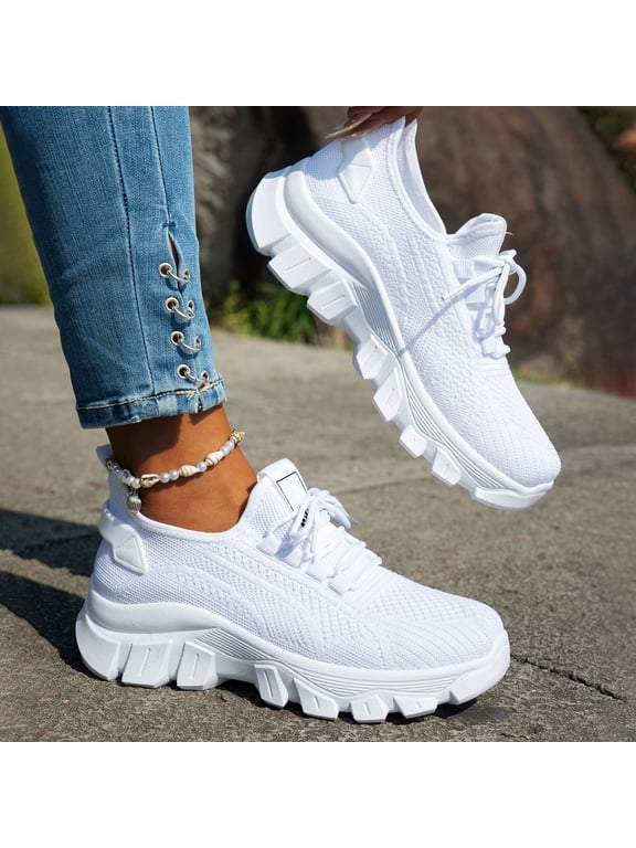 Walking Shoes for Women, Lace Up Breathable Ultra Lightweight Sport Casual Sneakers, Fashion Platform Daily Walking Trainers, Comfortable Ladies Gym Athletic Shoes