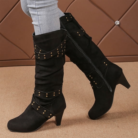 KEVCHE Women's Chunky Heel Knee High Boots, Fall Winter Lace Up Pointed Toe High Heel Boots with Breathable Lining, Trendy Boots for Daily Party Wear