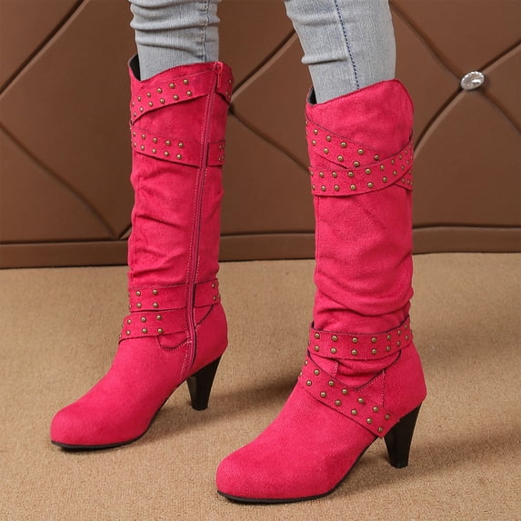 KEVCHE Women's Chunky Heel Knee High Boots, Fall Winter Lace Up Pointed Toe High Heel Boots with Breathable Lining, Trendy Boots for Daily Party Wear