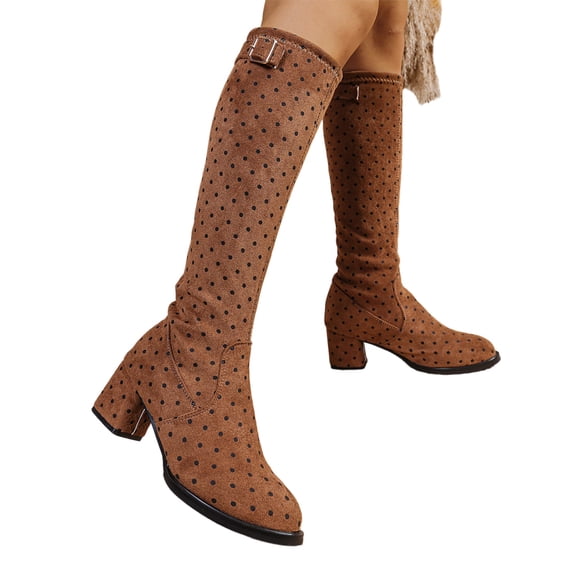 KEVCHE Women's Chunky Heel Knee High Boots, Plus Size Retro Polka Dot Pointed Toe Casual Design with Breathable Lining, Trendy Boots for Daily Leisure Wear