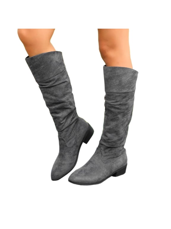 Women's Chunky Heel Knee High Boots, Plus Size Suede Slouch Casual Design with Breathable Lining and Cushion Sole, Trendy Boots for Daily Leisure Wear
