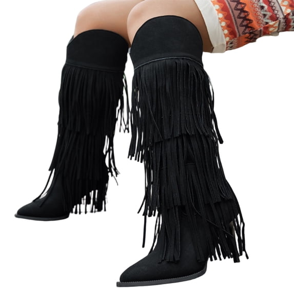 KEVCHE Women's Chunky Heel Knee High Boots, Plus Size V Cut Fringe Pointed Toe Stiletto Suede Design with Breathable Lining, Trendy Boots for Daily Party Wear