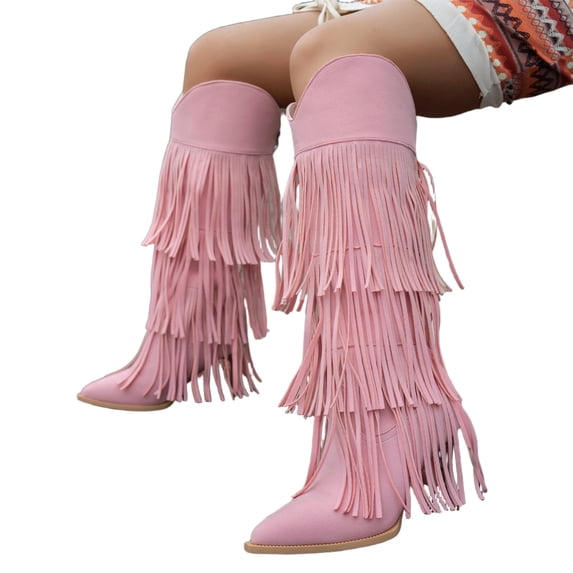 KEVCHE Women's Chunky Heel Knee High Boots, Plus Size V Cut Fringe Pointed Toe Stiletto Suede Design with Breathable Lining, Trendy Boots for Daily Party Wear
