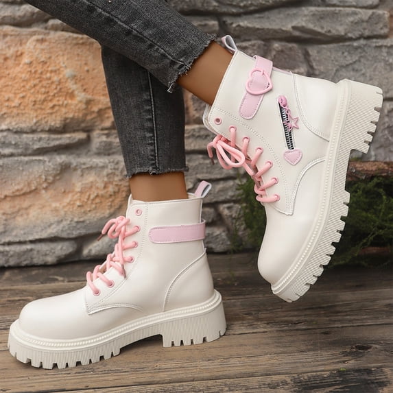 KEVCHE Women's Slip on Ankle Boots, British Front Lace Up Platform Round Toe Short Boots with Breathable Lining and Cushion Sole, Trendy Boots for Daily Wear