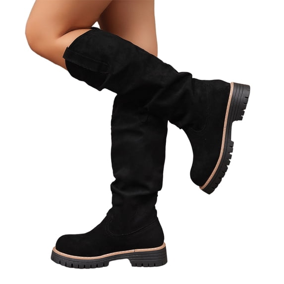 KEVCHE Women's Slip on Knee High Boots, Plus Size V Cut British Suede Round Toe Casual Design with Breathable Lining, Comfortable Boots for Daily Wear