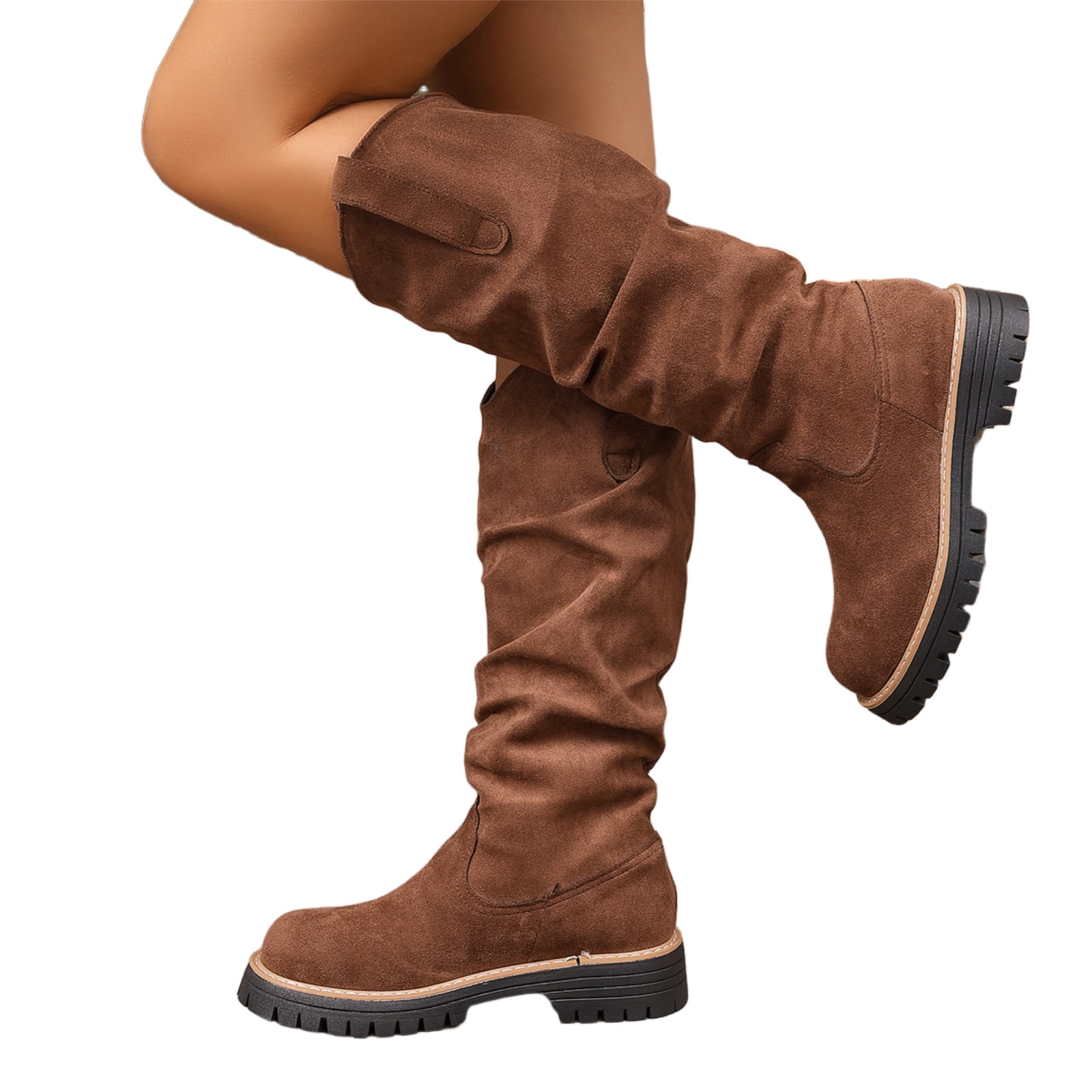 KEVCHE Women's Slip on Knee High Boots, Plus Size V Cut British Suede ...