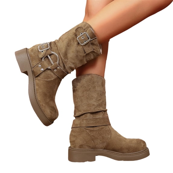 KEVCHE Womens Belt Buckle Mid-Calf Martin Boots, Casual Lace-Up Combat Booties with Chunky Sole, Comfortable Wide Width Boots for Daily Wear