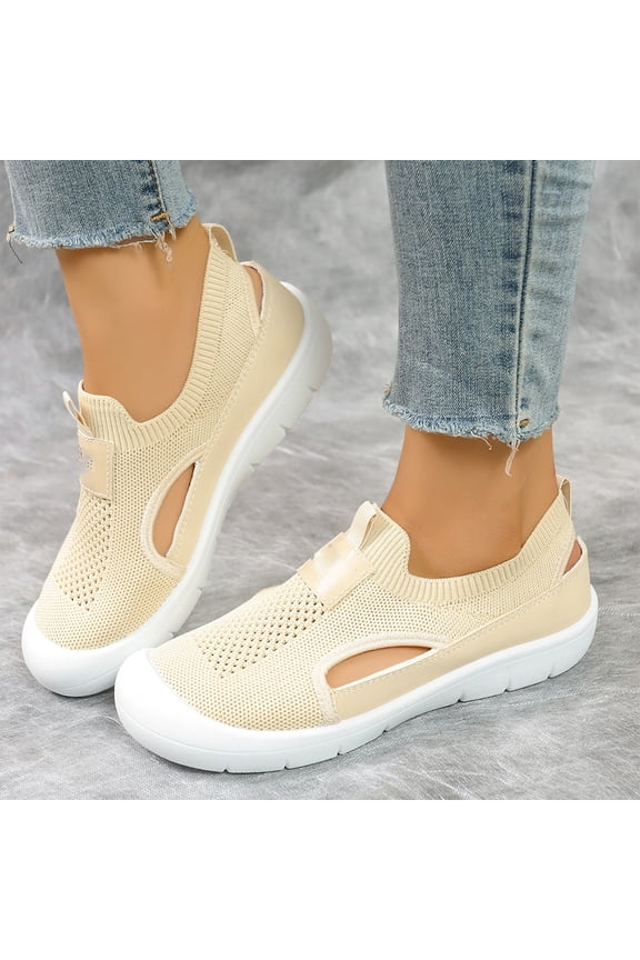 Womens Casual Hollow Out Versatile Flyknit Shoes, Breathable Mesh Slip-On Walking Sneakers, Lightweight Athletic Shoes for Daily Wear
