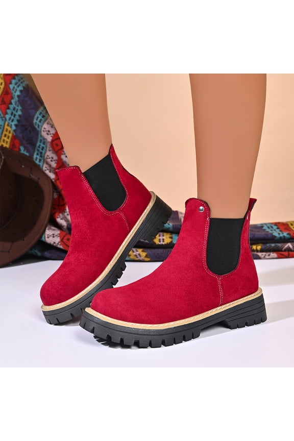 Womens Chunky Chelsea Ankle Boots with Low Wedge Block Heel, Suede Platform Elastic Slip-On for All-Season Work and Casual, Classic Comfortable Style Boots with Non-Slip Solefor Daily Wear