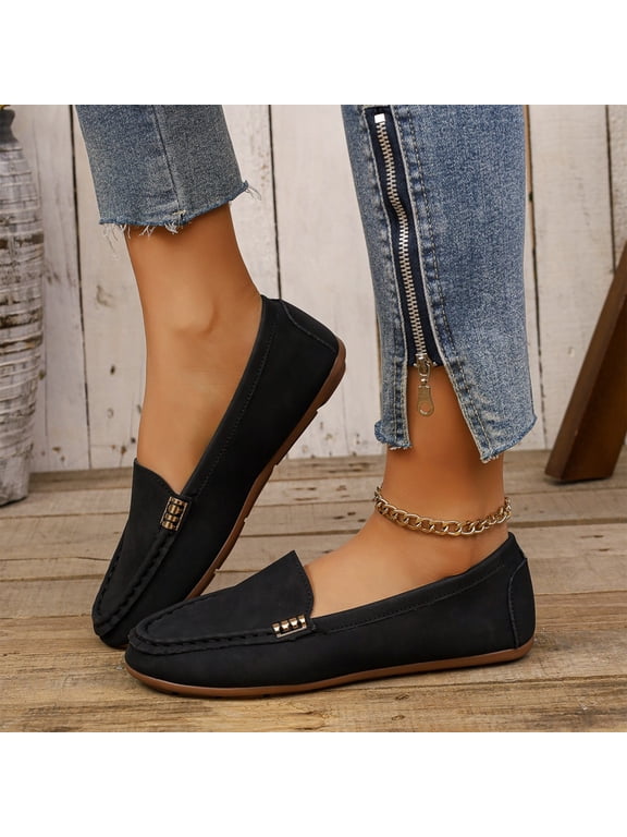 Womens Classic Comfort Leather Penny Loafers, Casual Slip Ons Lightweight Walking Flats, Driving Mocs Boat Shoes, Summer Low Cut Shallow Mouth One Foot Flat Sole Shoes