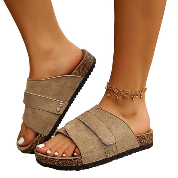 KEVCHE Womens Cork Footbed Sandals, Adjustable Suede Slide, Comfort Casual Non-Slip Summer Beach Slippers, Lightweight Breathable Daily Wear Shoes for Outdoor and Indoor Use