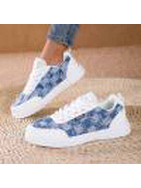 Womens Frayed Denim Patchwork Lace-Up Casual Shoes, Vintage Distressed Jeans Fabric Sneakers, Comfortable Lightweight Walking Flats for Daily Commute Street Style
