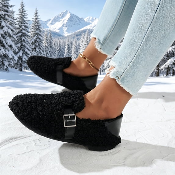 KEVCHE Womens Fuzzy Loafers ,Buckle Slip On Flat Cozy Winter Shoes, Plush Fleece Upper Buckle Strap Non-Slip Sole Warm Shoes ,Indoor Outdoor Casual Daily Fall Winter Shoes