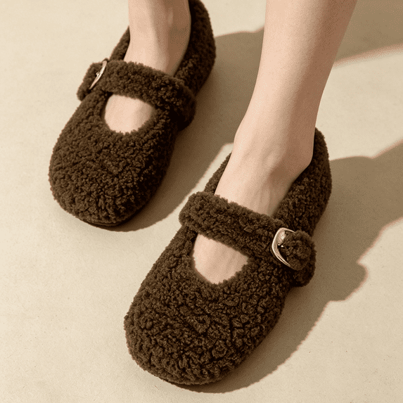 KEVCHE Womens Fuzzy Slippers for Warm Indoor Comfort, Plush Mary Jane Loafers with Non-Slip Sole, Cozy Cotton-Linen Slip On Walking Shoes for Home and Outdoor