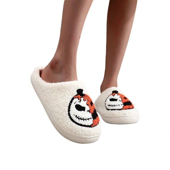 KEVCHE Womens Halloween Pumpkin Slippers for Warm Indoor Wear, Plush Spooky Design House Shoes for Men Women, Winter Home Fluffy Floor Slippers with Non-Slip Sole