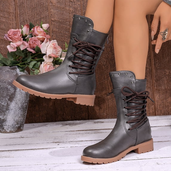 KEVCHE Womens Heel Mid-Calf Boots for Fall Fashion, Side Lace-Up Block Low Heel Combat Riding Booties with Zipper Side, Stylish High Boots for Autumn Daily Wear