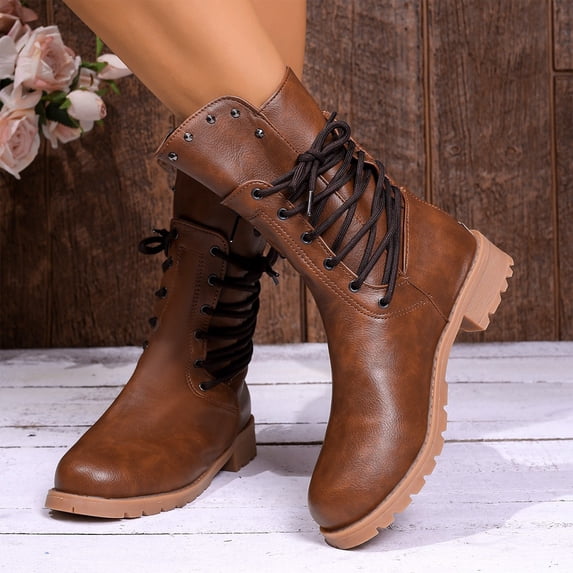 KEVCHE Womens Heel Mid-Calf Boots for Fall Fashion, Side Lace-Up Block Low Heel Combat Riding Booties with Zipper Side, Stylish High Boots for Autumn Daily Wear