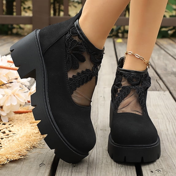 KEVCHE Womens Lace Breathable High-Top Boots with Back Zipper, Round Toe Medium Heel, Non-Slip Sole for All-Season Outdoor Walking Comfort