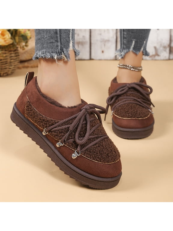 Womens Lace-Up Shearling Snow Boots with Thick Warm Fur Lining, Round Toe Thermal Platform Ankle Booties for Winter, Comfortable Non-Slip Thick Sole Outdoor Walking Sneakers