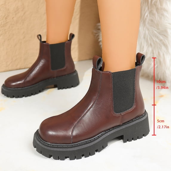 KEVCHE Womens Leather Chunky Heel Round Toe Winter Boots, Wide Toe Box Platform Chelsea Slip-On Ankle Boots, Casual Dress Boots for Daily Comfort