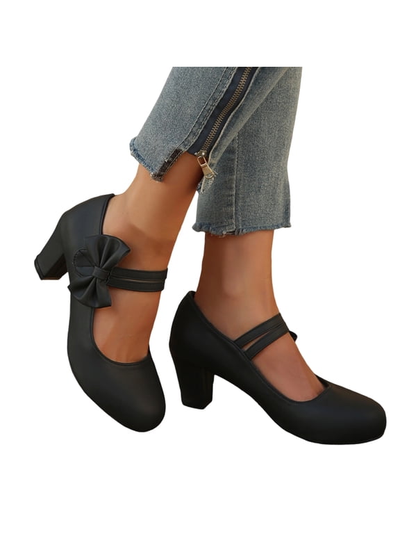 Womens Mary Jane Heels, Retro Round Block High Heel Pumps with Bowknot Ankle Straps Comfortable Elegant Wedding Office Dress Shoes