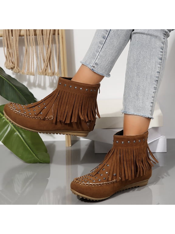 Womens Moccasins Fringe Ankle Boots, Retro Suede Tassel Studded Moccasins Shoes ,Non Slip Flat Heel Fall Winter Casual Fashion Booties with Zipper