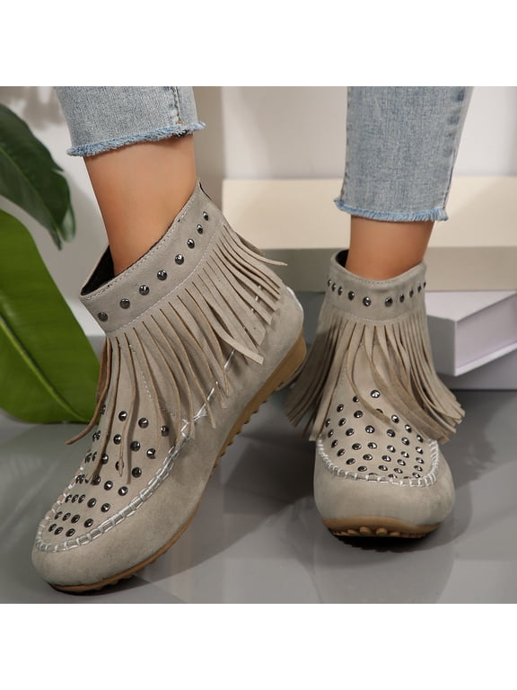 Womens Moccasins Fringe Ankle Boots, Retro Suede Tassel Studded Moccasins Shoes ,Non Slip Flat Heel Fall Winter Casual Fashion Booties with Zipper