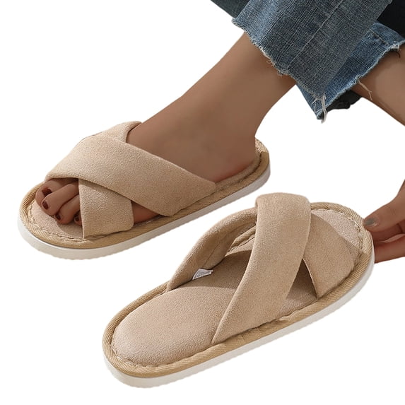 KEVCHE Womens Open Toe Satin Slide Slippers, Cross Band Cozy Non-Slip Silky Flat Indoor Slippers, Comfortable Home Shoes for Men and Women, Soft Cushioned House Slippers for Indoor Outdoor Wear