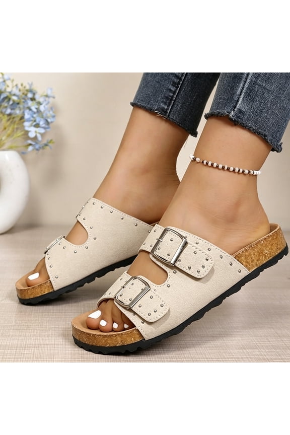Womens Platform Versatile Rivet Belt Buckle Sandals, Genuine Leather Cork Footbed Slides with Memory Foam Arch Support, 2026 Vacation Essentials Summer Flat Sandals